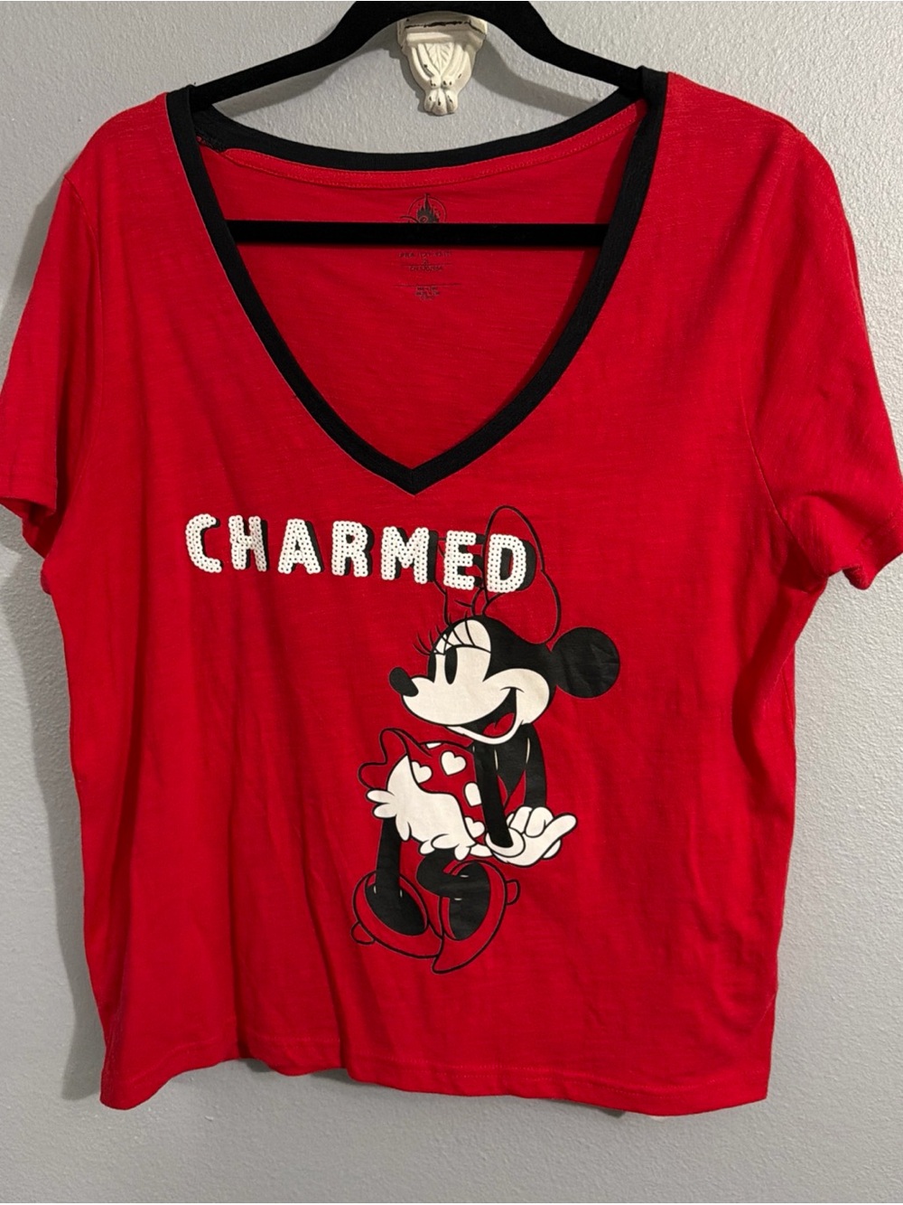 Disney Red V-Neck Minnie Mouse 'Charmed' Seguin Tee with Black Trim